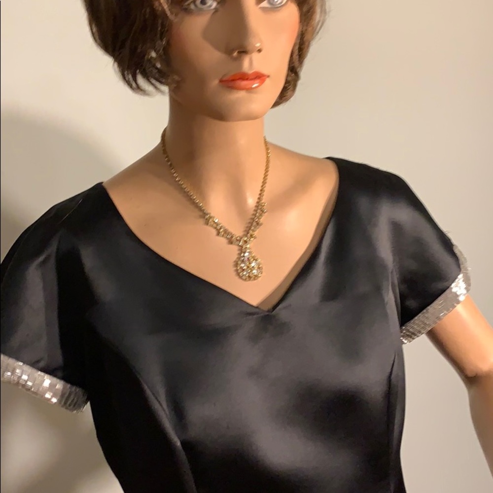 Black satin and silver formal dress